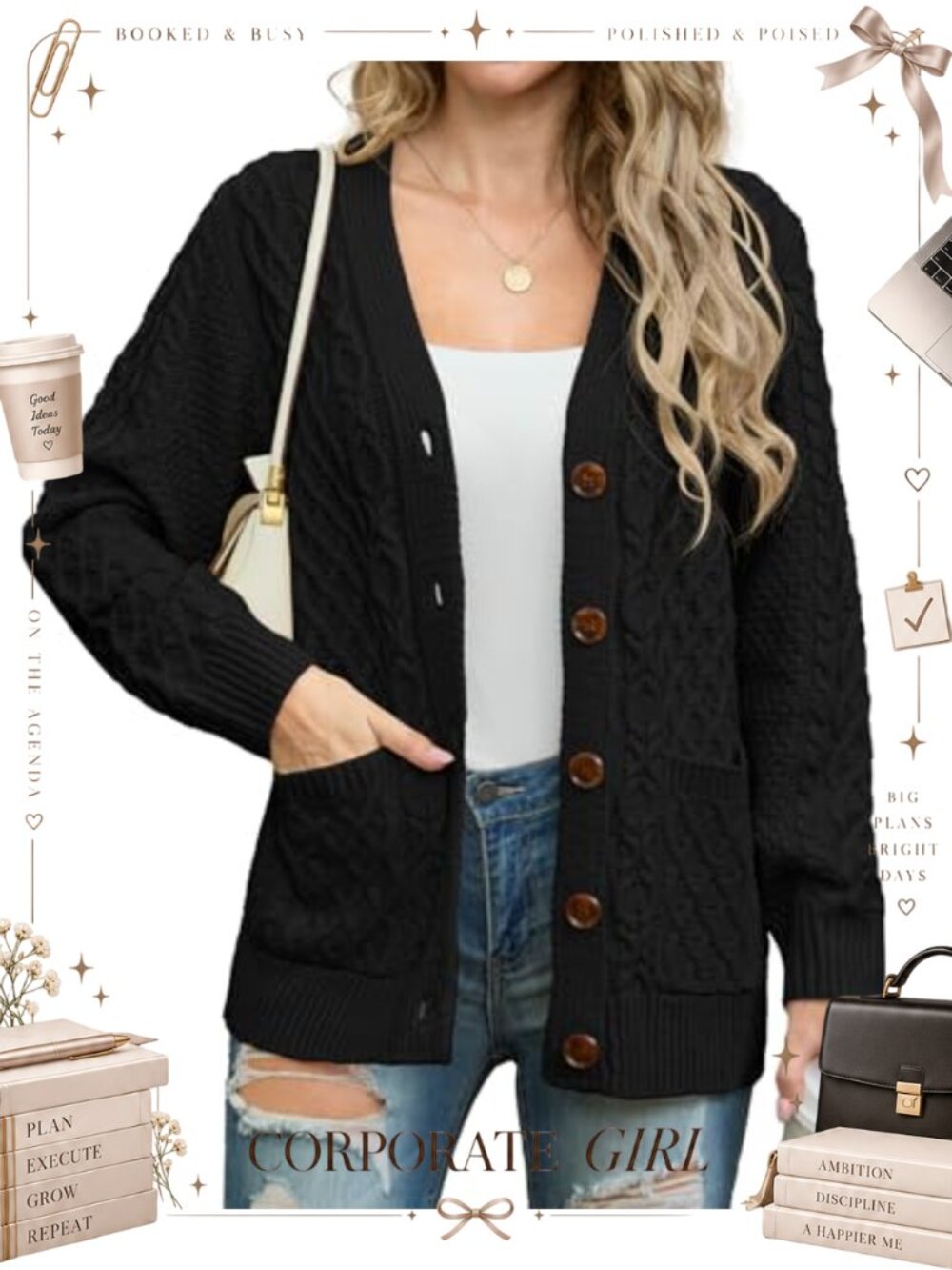 Cable Knit Button Down Cardigan Long Sleeve V-Neck Pockets
